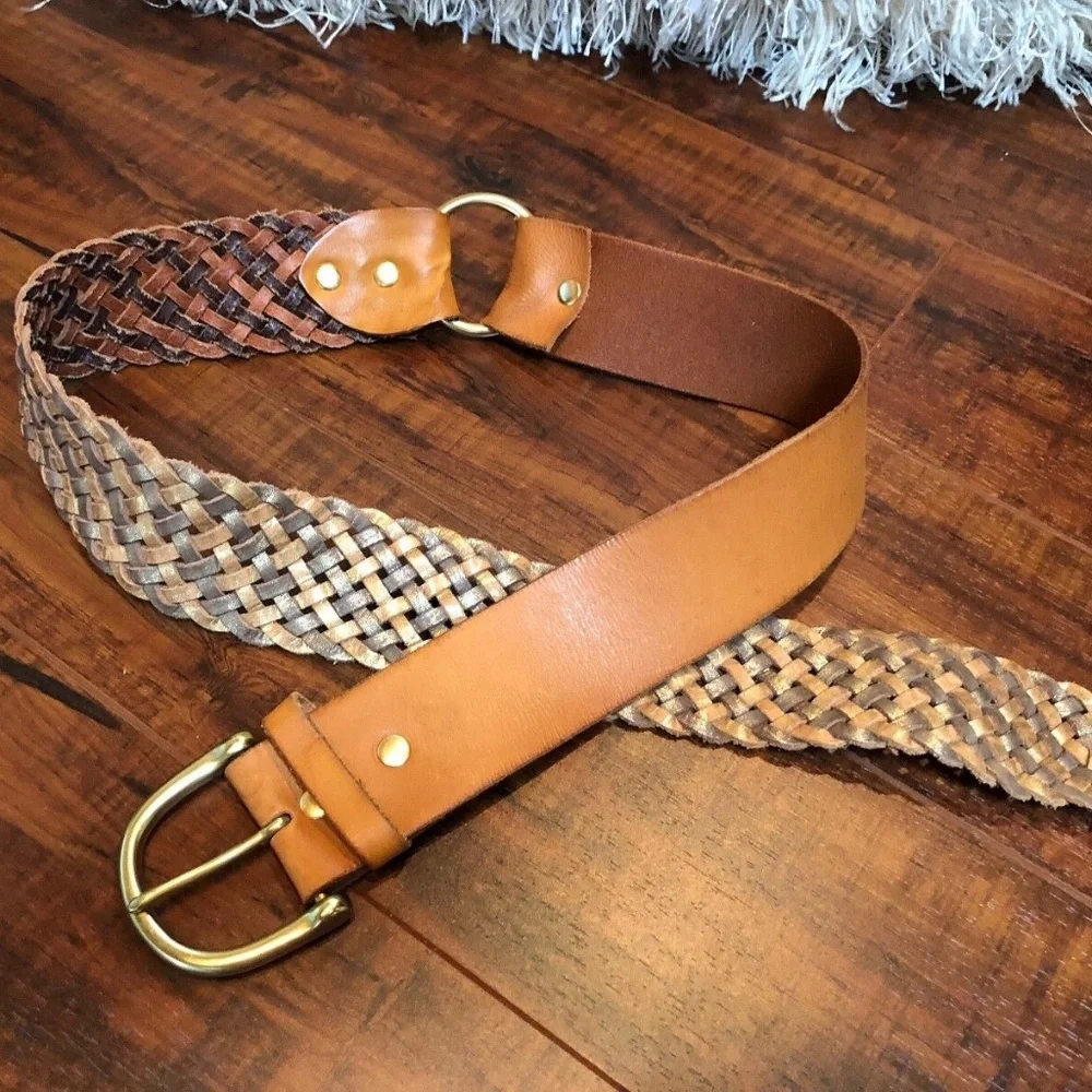Vintage BOHO BRAIDED Tan Leather Brass Belt M